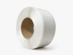 White PP transparent strapping roll on a neutral background