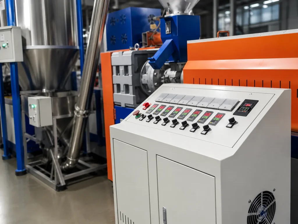 Illustrative extrusion line control panel and processing equipment