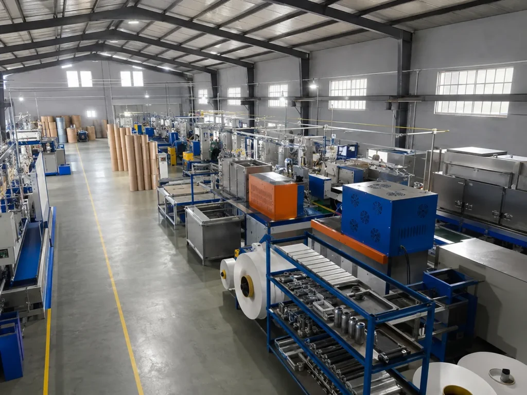 Illustrative panoramic view of a plastic strapping production workshop