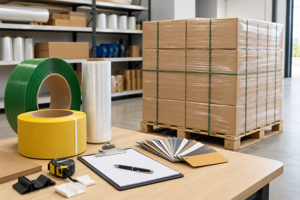 Packaging material samples, stretch film and strapped pallet prepared for inspection