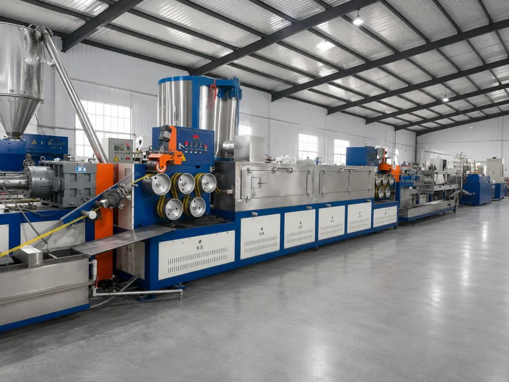 Illustrative long view of a plastic strapping production line