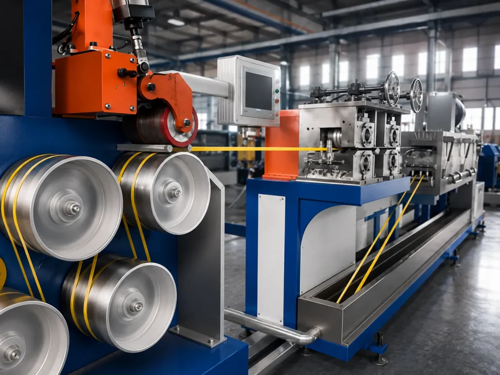 Illustrative close-up of a strapping stretching and embossing unit