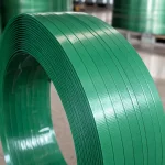 Close-up of embossed green PET plastic steel strapping surface