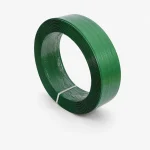 Green PET plastic steel strapping coil in angled view