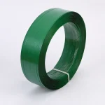 Green PET plastic steel strapping coil in front isometric view
